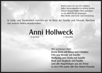 Traueranzeige von Anni Hollweck von Pegnitz-Zeitung